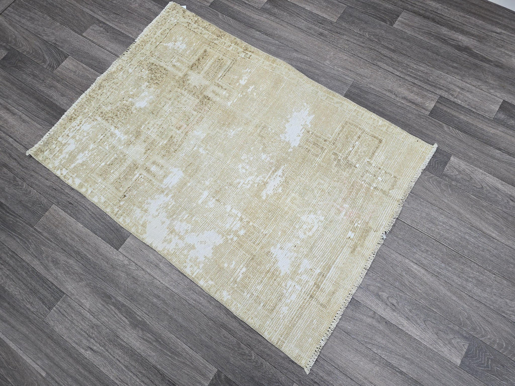 3x4 Neutral Oushak Turkish doormat, wool Vintage Bathmat, Small Turkish Rug