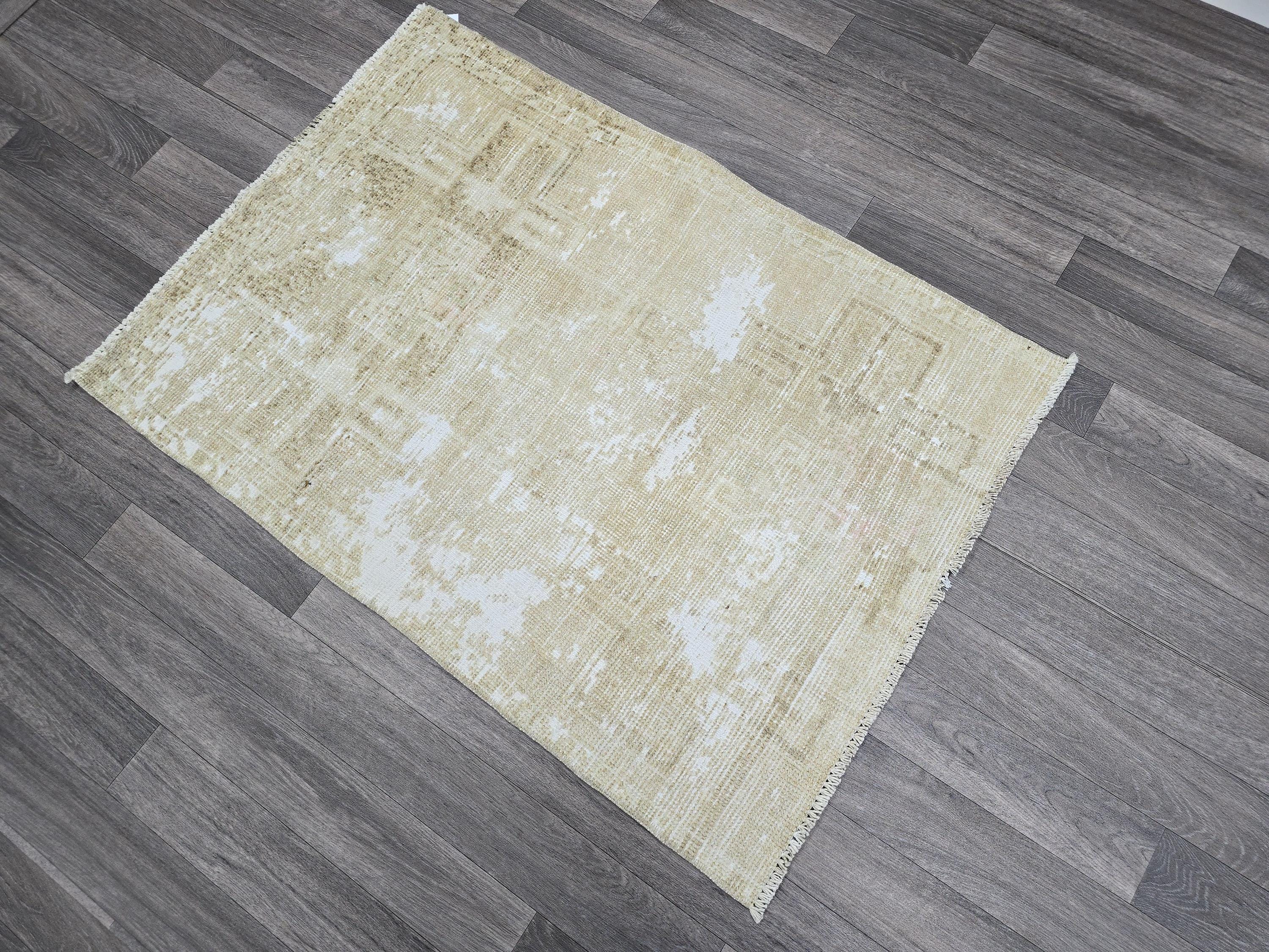 3x4 Neutral Oushak Turkish doormat, wool Vintage Bathmat, Small Turkish Rug