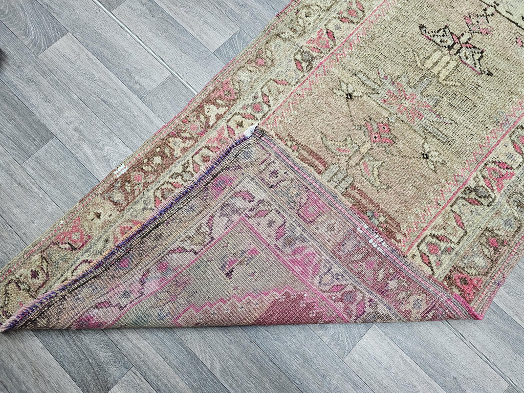 Vintage Turkish Wool Runner Rug: 3x12 Pastel Tribal Hallway Rug