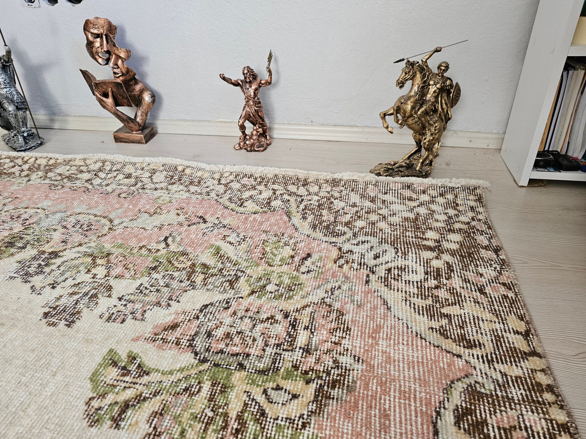 6x10 Vintage Wool Area Rug  - Handwoven Vintage Wool Rug 5.85x10 feet – Pink Cream Floral Bohemian Carpet for Living Room & Bedroom