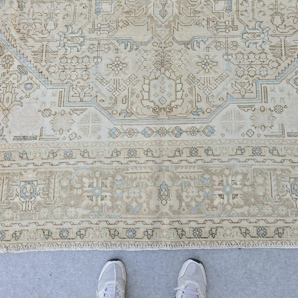 9x12 Oversize Vintage Oushak Rug: 9.5x12.5 ft, Hand-Knotted Wool, Muted Beige