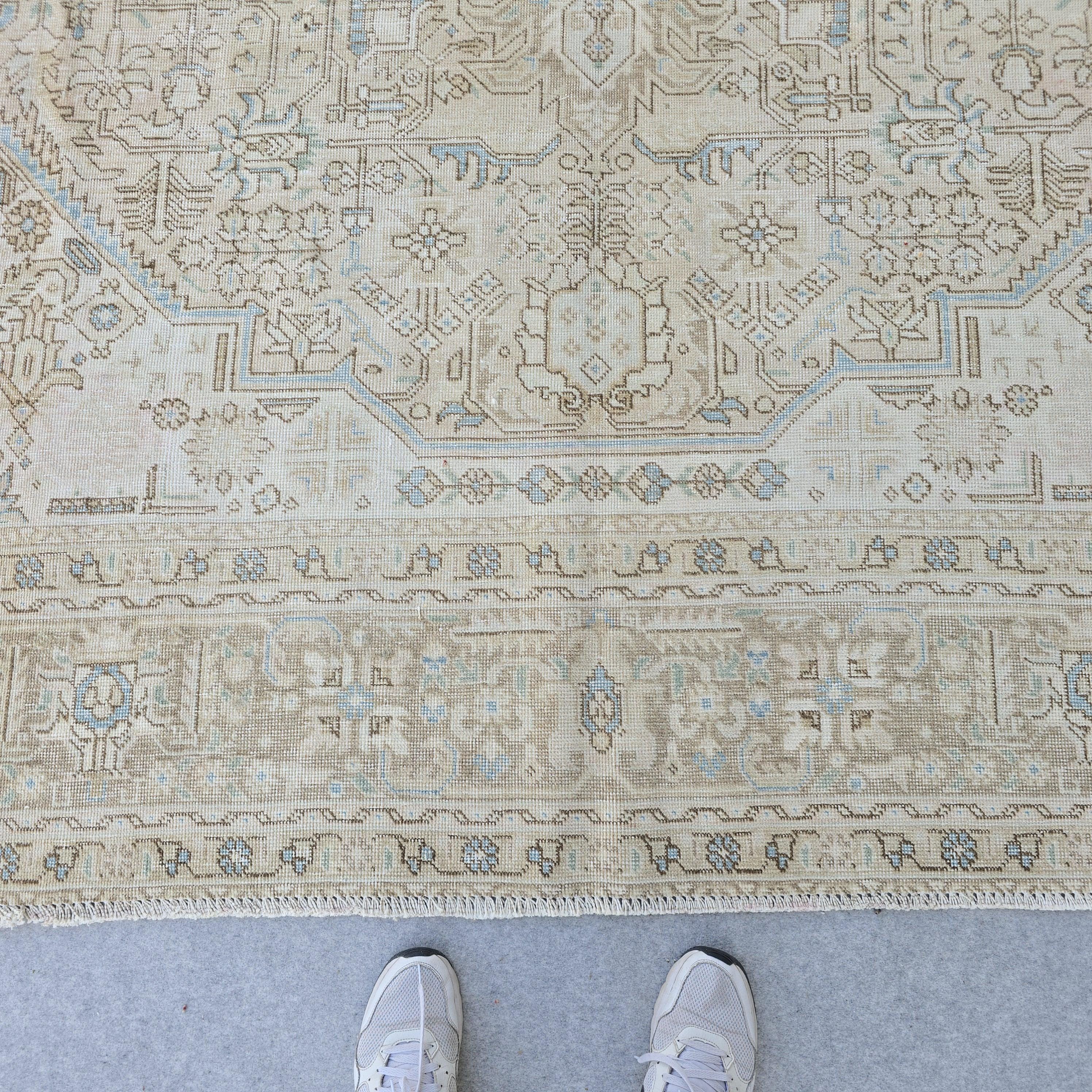 9x12 Oversize Vintage Oushak Rug: 9.5x12.5 ft, Hand-Knotted Wool, Muted Beige