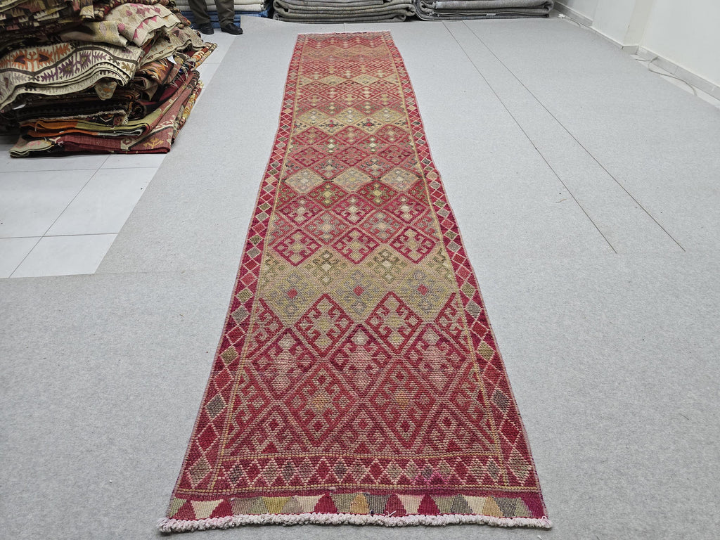 3x14 Vintage Oushak Runner Rug: Hand-Knotted Wool Turkish runner rug for Kitchen and Stairs - Long Hallway runner (2.75x14.4 ft)