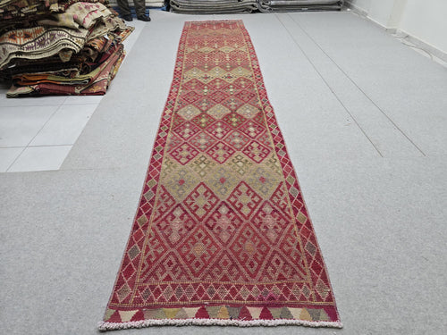 3x14 Vintage Oushak Runner Rug: Hand-Knotted Wool Turkish runner rug for Kitchen and Stairs - Long Hallway runner (2.75x14.4 ft)