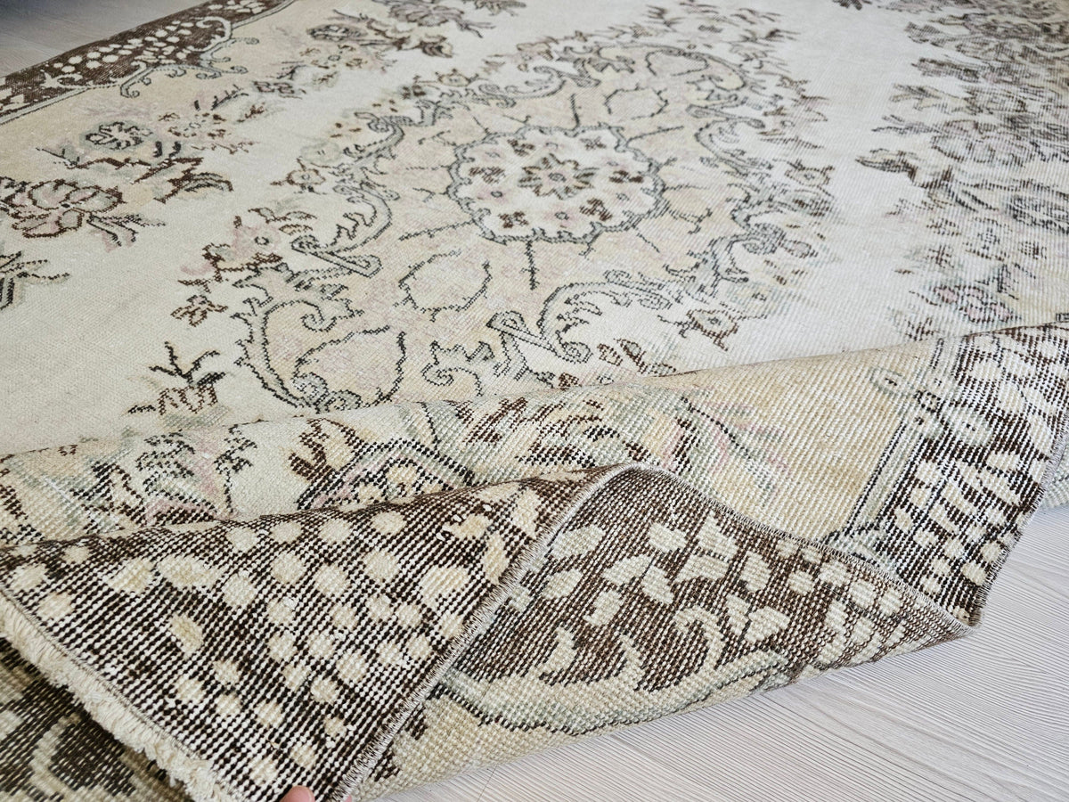 6x9 Vintage Turkish Oushak Rug: Handmade Wool Floral Area Rug