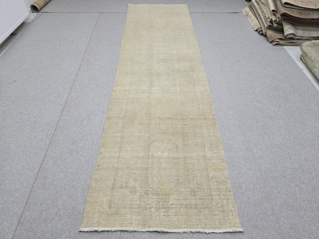 3x12 Oushak Runner Rug, Faded Solid Beige Turkish Wool Hallway Runner, Distressed Minimalist Anatolian Corridor Rug, Neutral Boho Decor
