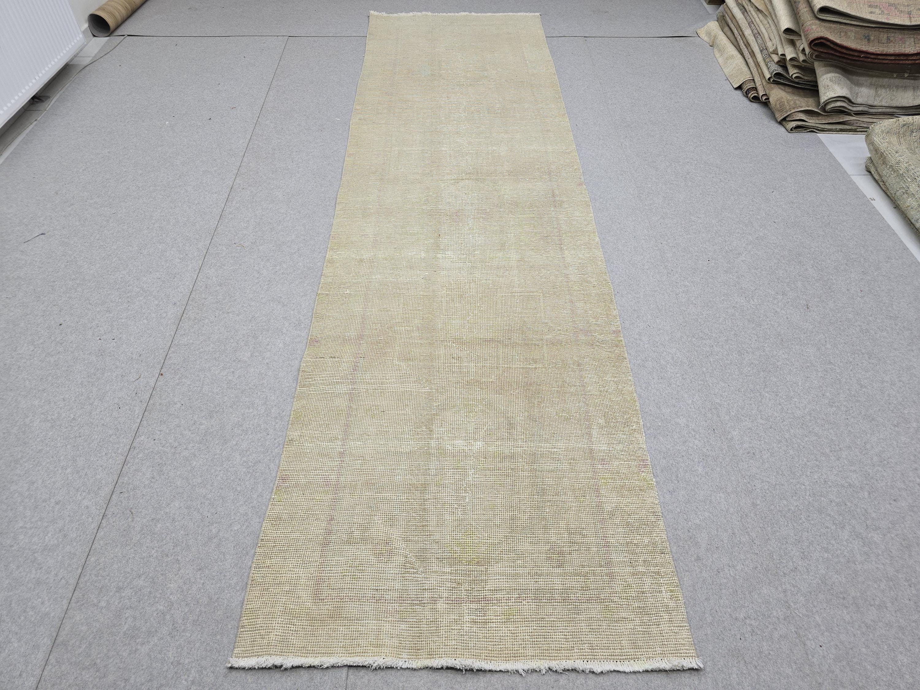 3x12 Oushak Runner Rug, Faded Solid Beige Turkish Wool Hallway Runner, Distressed Minimalist Anatolian Corridor Rug, Neutral Boho Decor