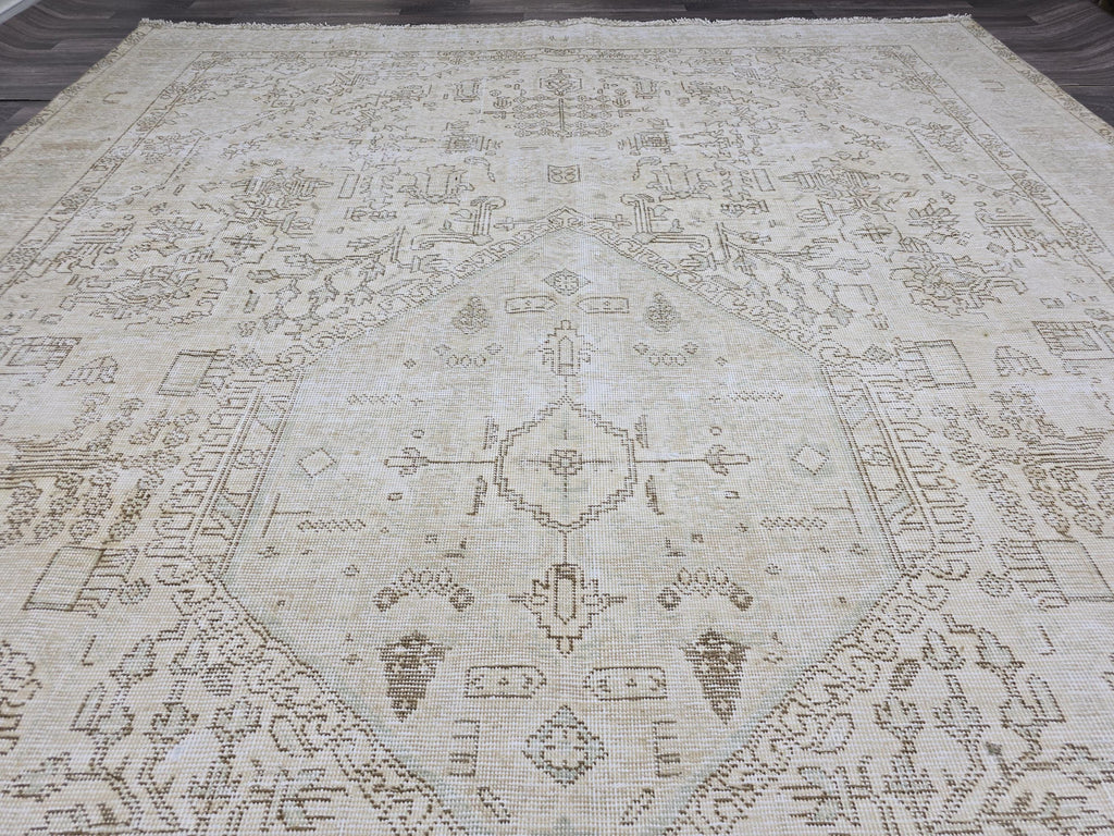 Oversize Neutral Oushak Rug: 9.25x12.8 ft Distressed Turkish Wool Carpet