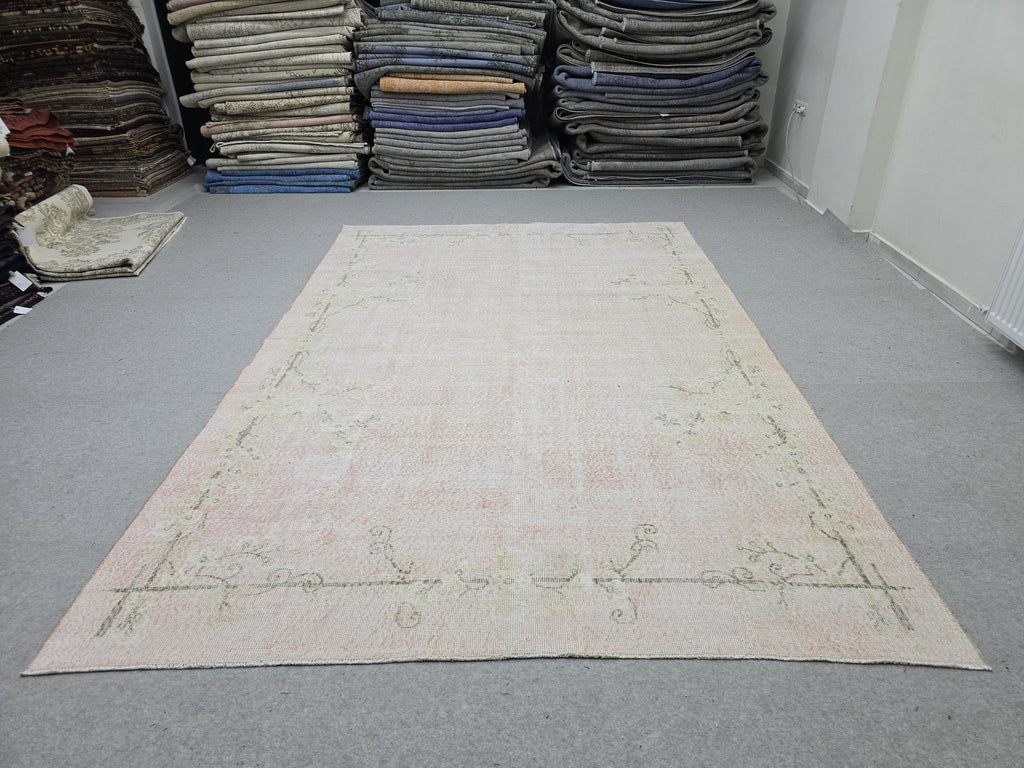 Oushak Rug 7x10, Faded Blush Pink Hand Knotted Turkish Area Rug, Muted Neutral Wool Carpet, Boho Bedroom Living Room Farmhouse Decor