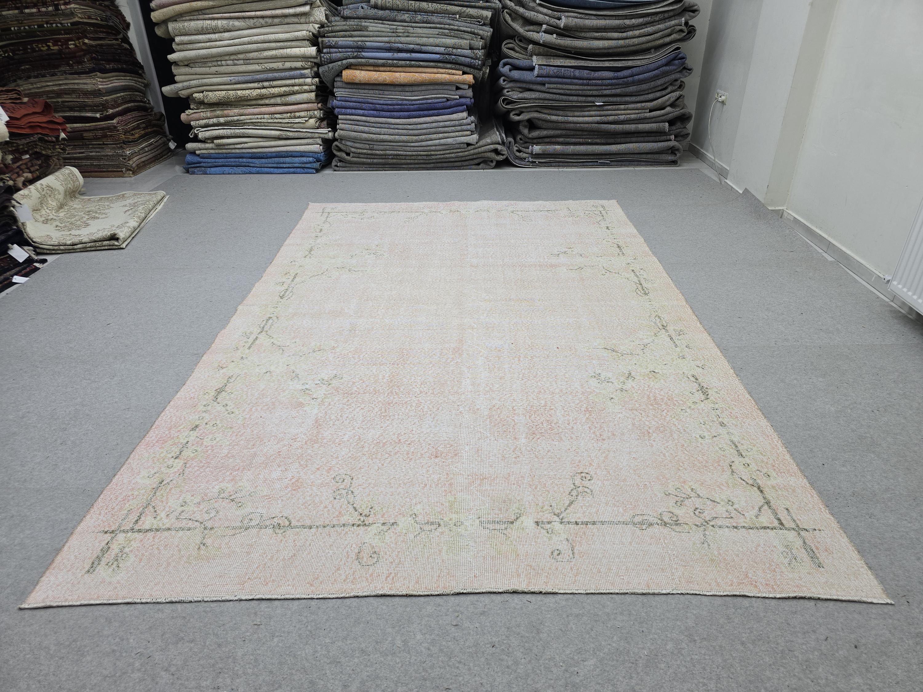 Oushak Rug 7x10, Faded Blush Pink Hand Knotted Turkish Area Rug, Muted Neutral Wool Carpet, Boho Bedroom Living Room Farmhouse Decor