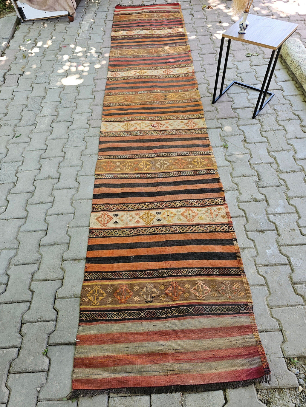 Vintage Turkish Wool Runner Rug: Striped Oushak Hallway Rug (3x13)