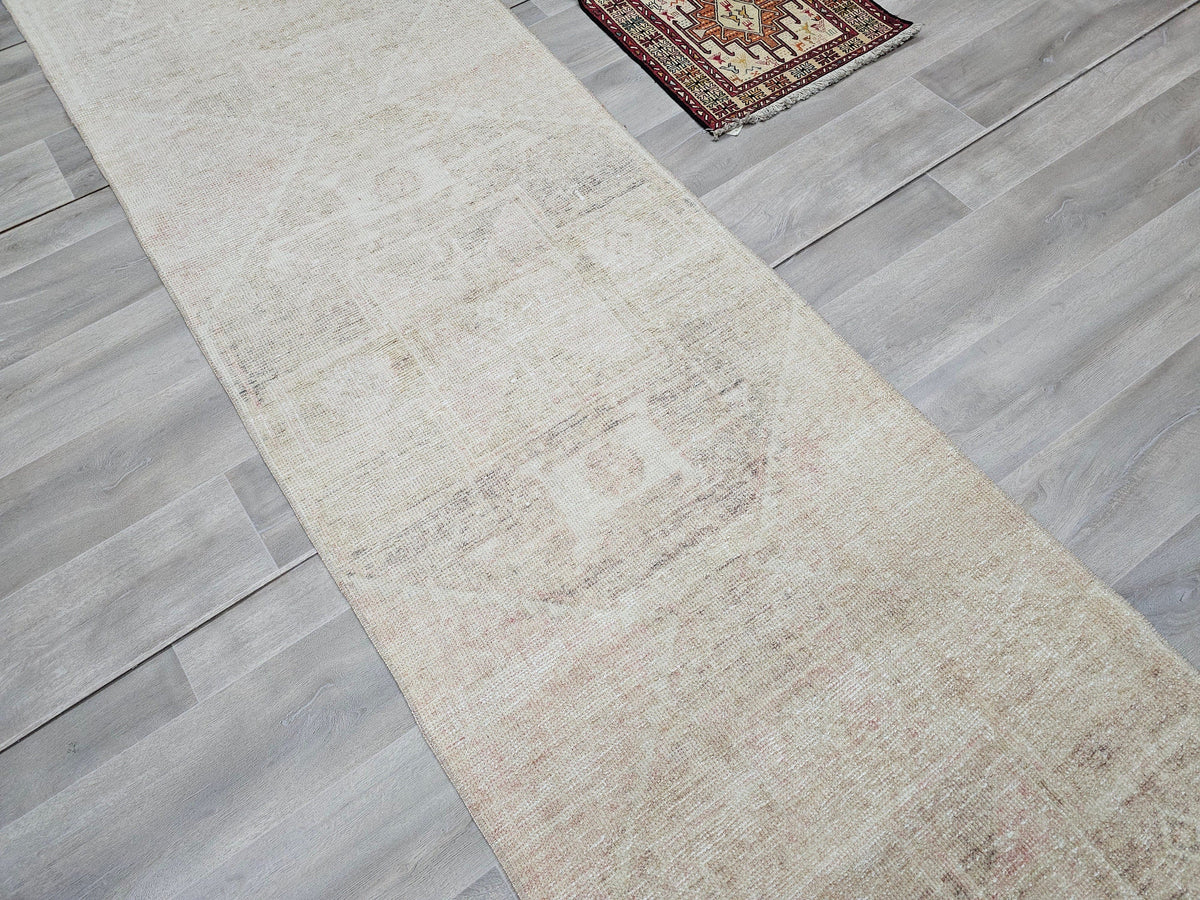 Oushak Turkish Runner Rug 3x13: Neutral Distressed Wool Hallway Rug