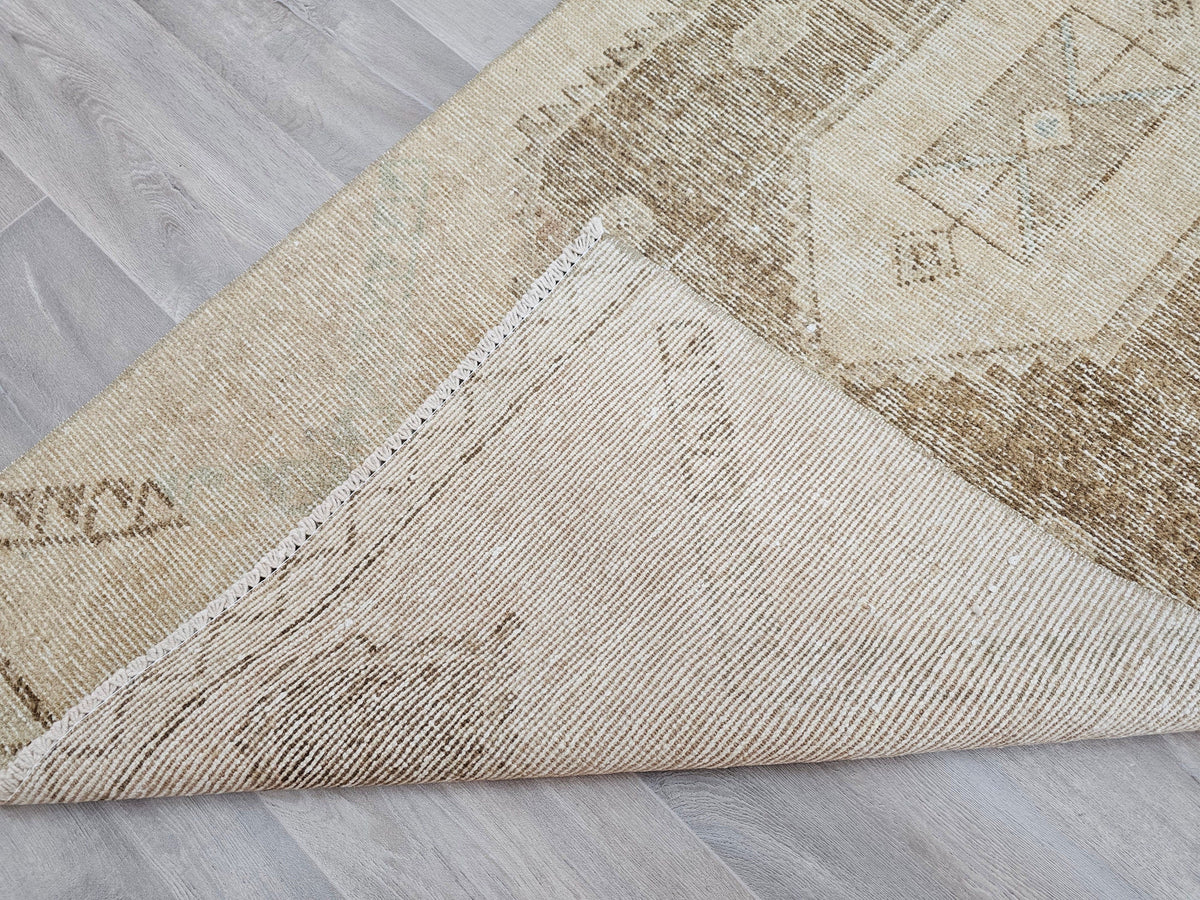 Neutral Turkish Oushak Runner Rug: Hand-Knotted Wool Boho Decor (3x11.5 ft)