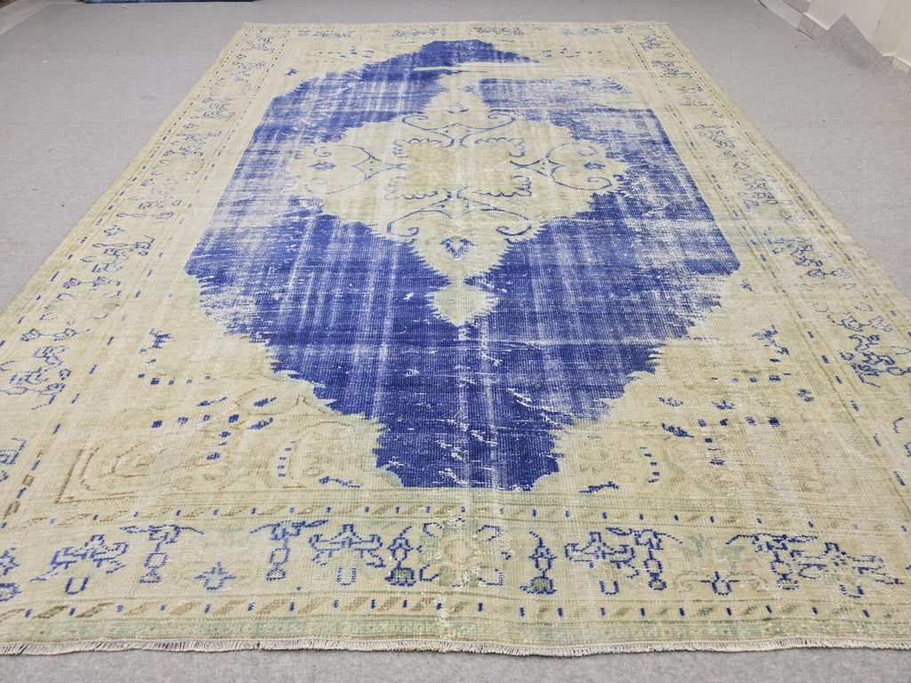 Vintage Turkish Oushak Rug 7x10, Cream Blue Oriental Wool Carpet