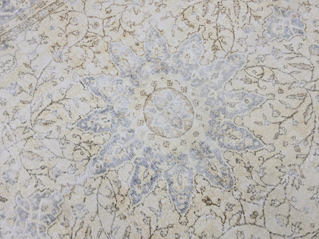 Oushak Rug 7.50x10.60 feet, Blue Medallion Turkish Carpet, Muted Cream Beige Floral, Vintage Tabriz Style Area Rug, Living Room