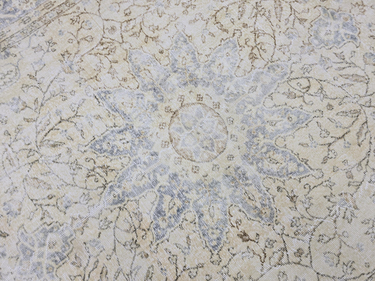 Oushak Rug 7.50x10.60 feet, Blue Medallion Turkish Carpet, Muted Cream Beige Floral, Vintage Tabriz Style Area Rug, Living Room