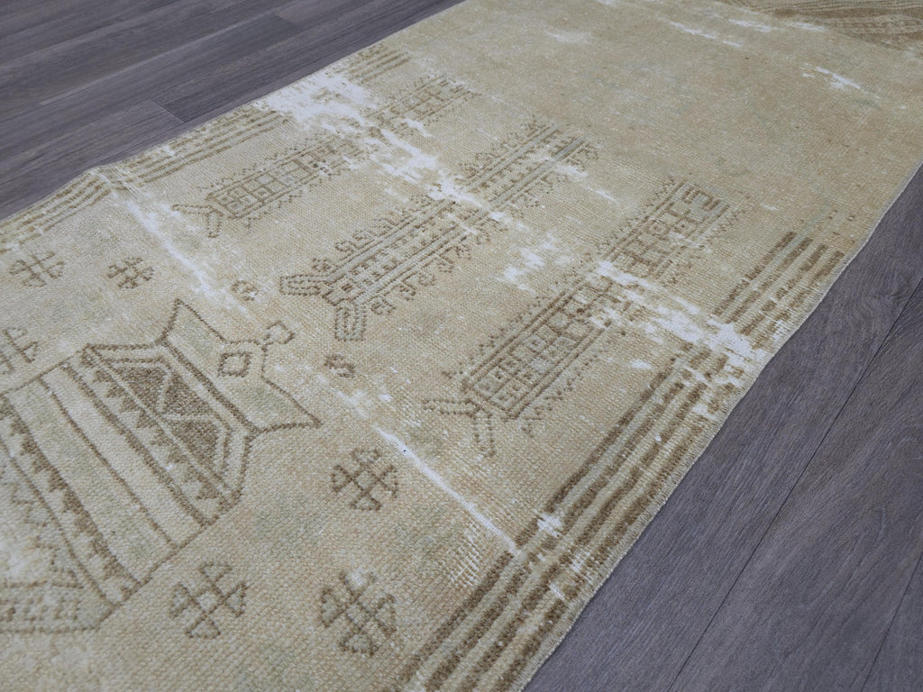 Hand Knotted Wool Runner: 3x7 Vintage Turkish Oushak Hallway Rug
