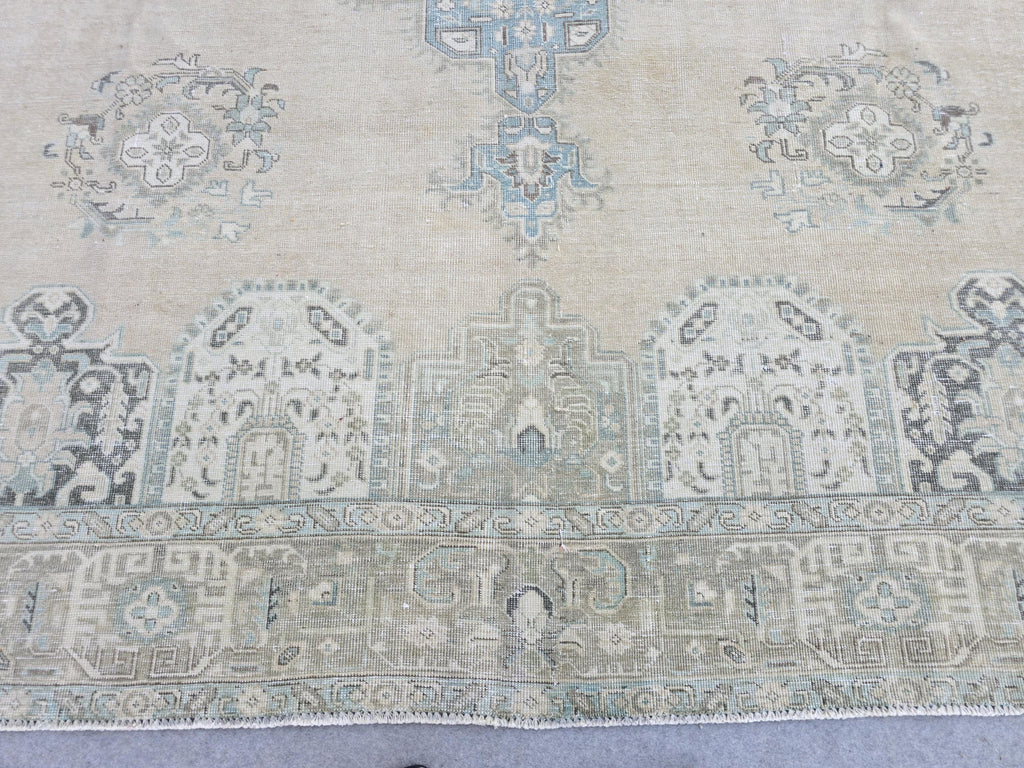10x12 Turkish Rug Vintage Beige/Cream Blue Hand Knotted Oushak Area Carpet