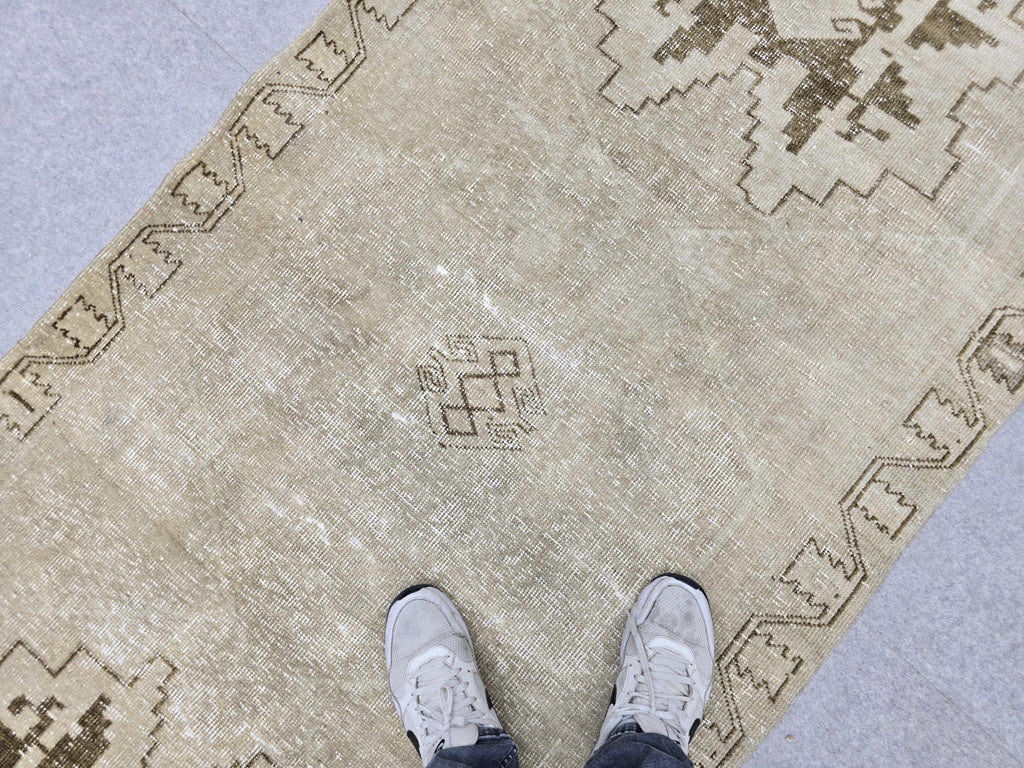 Turkish Rug 3.5x10 Runner, Wheat Brown Wool Rug for Entryway, Tribal Star Medallion Carpet, Neutral Stair Runner, Rustic Dining Decor