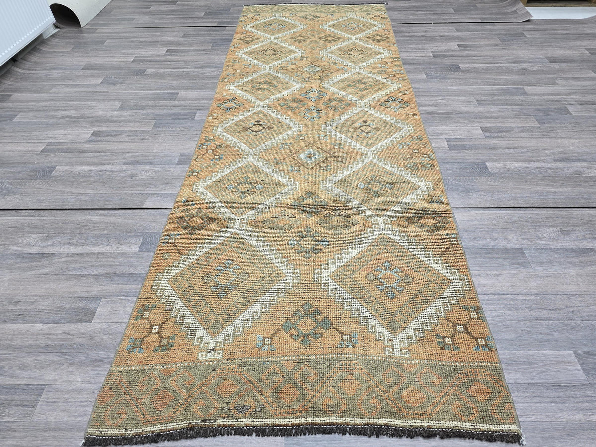 Vintage Turkish Oushak Runner Rug: Handknotted Wool Hallway Rug (4x11)