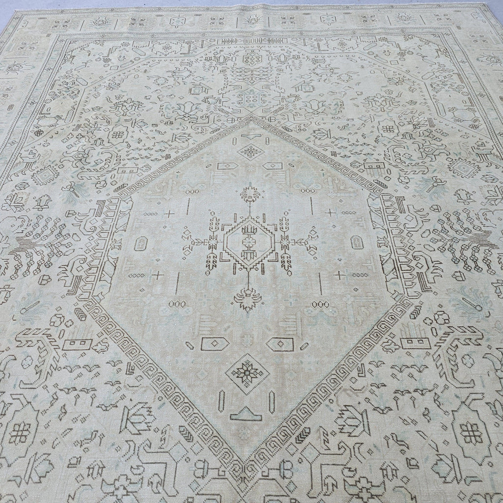 Neutral Anatolian Rug 9x12 Ivory Aqua Medallion Hand Knotted Vintage Wool