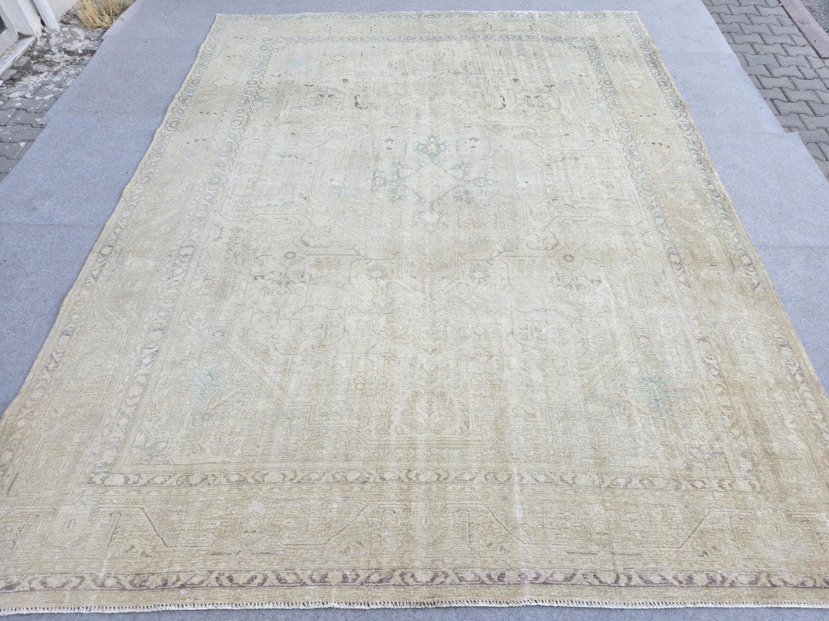 Turkish Rug 10x12, Faded Sand Beige Oversized Area Rug, Vintage Wool Carpet with Soft Blue Green, Living Room Boho Decor Rug