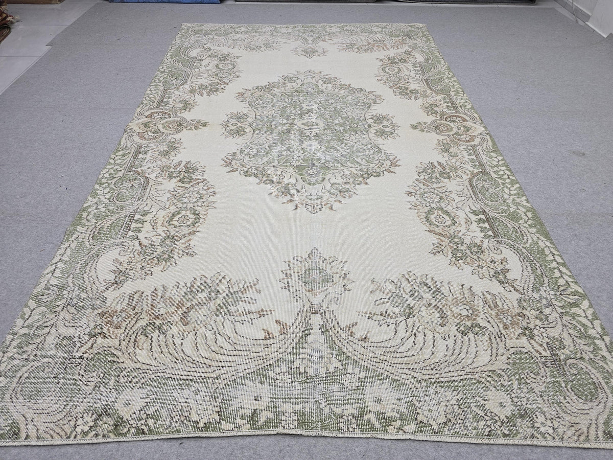 Muted Vintage Rug 6x10, Cream Green Floral Area Rug, Distressed Turkish Rug, Hand Knotted Wool Medallion Carpet, Scandinavian Bedroom Decor