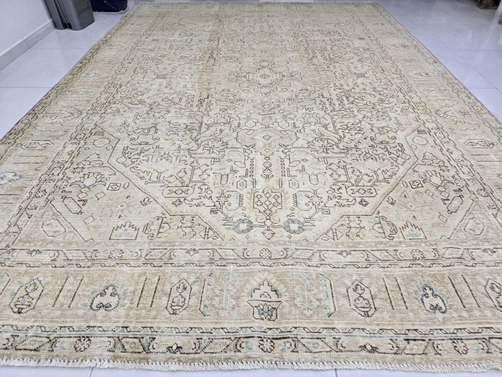 Oushak Rug 8x11, Faded Oatmeal Beige Turkish Area Rug with Soft Blue Accents, Hand Knotted Wool Carpet for Dining Room, Bedroom