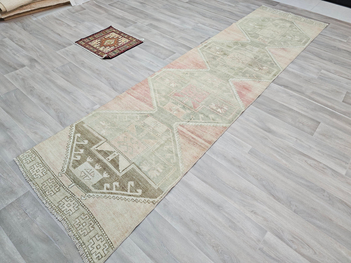 Neutral Oushak Runner Rug: Vintage Boho Entryway Decor (2.95 x 12 ft)