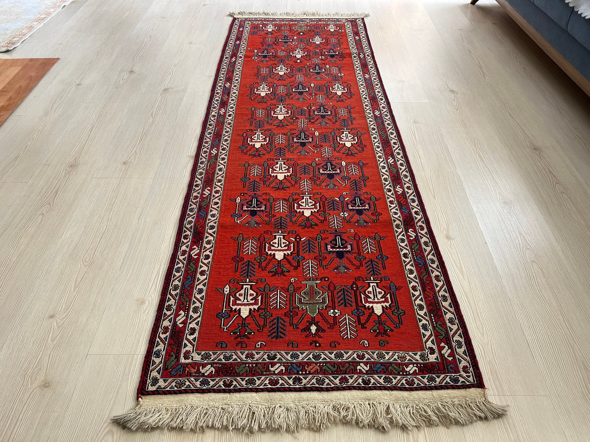 Antique Avşar Soumak Rug Runner: 3x9 Vintage Wool Hallway Rug