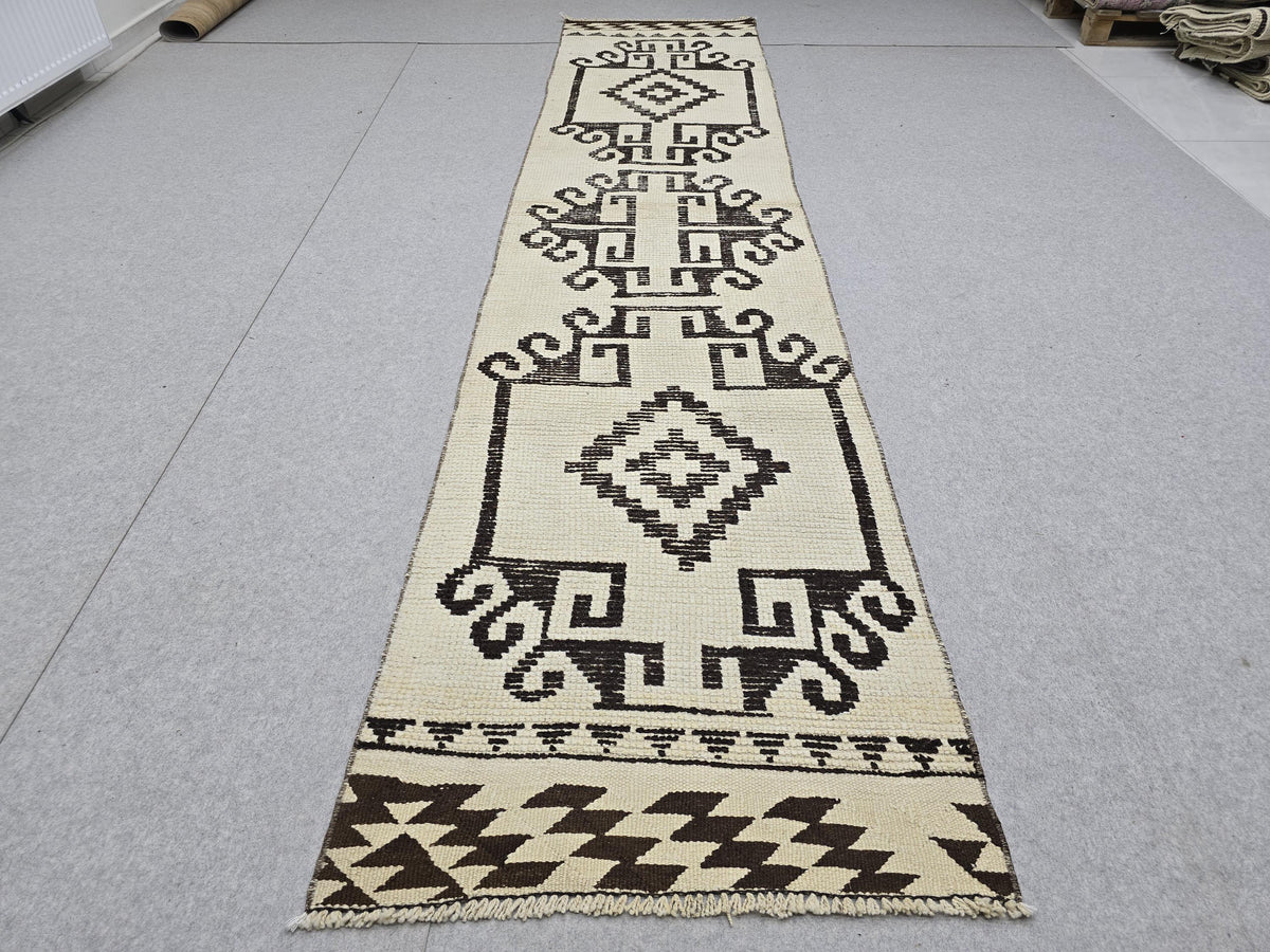 Oushak Runner Rug 3x12, Ivory Cream Brown Wool Hallway Runner, Vintage Anatolian Narrow Staircase Corridor Rug