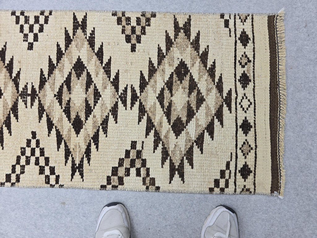 Oushak Runner 2x14, Hand Knotted Vintage Wool Extra Long Hallway Runner rug, Cream Brown Diamond Tribal Anatolian Runner, Boho runner
