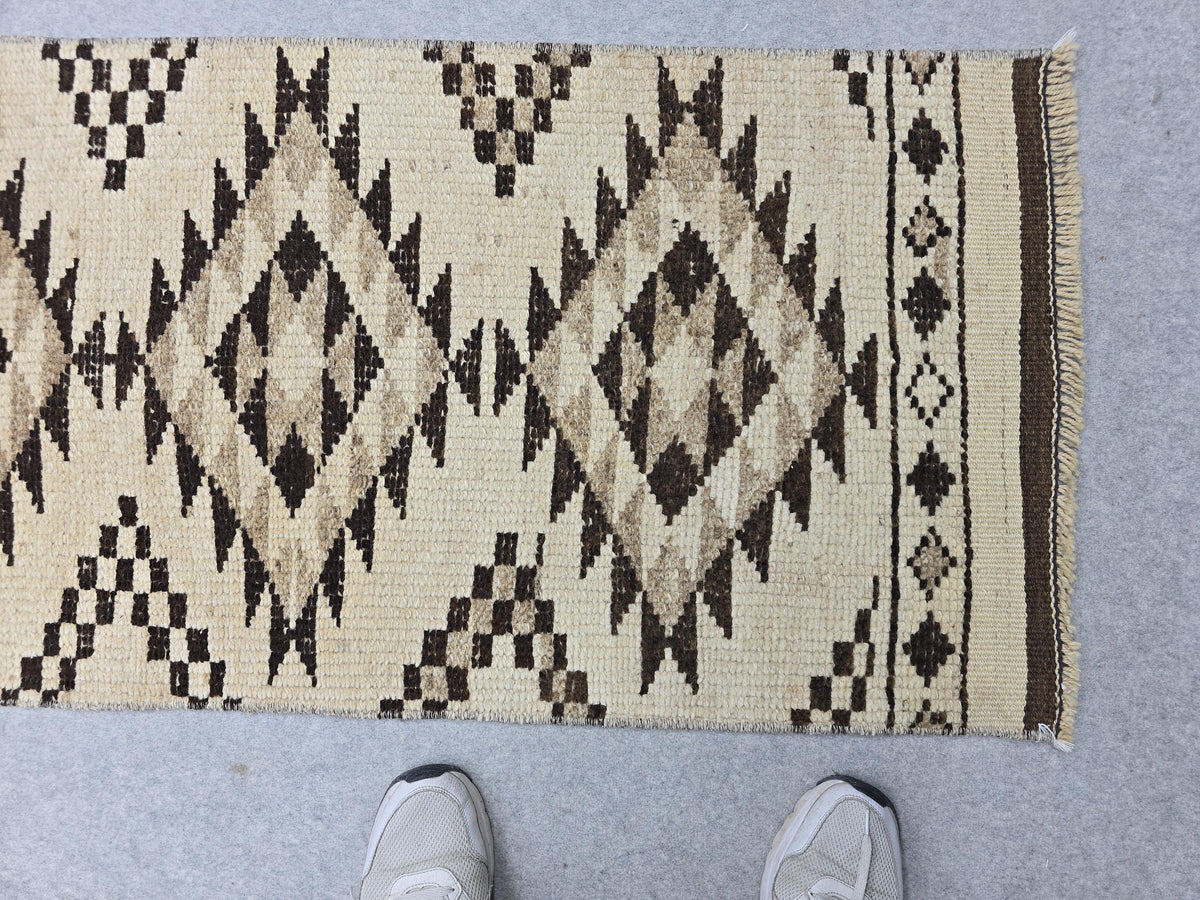 Oushak Runner 2x14, Hand Knotted Vintage Wool Extra Long Hallway Runner rug, Cream Brown Diamond Tribal Anatolian Runner, Boho runner