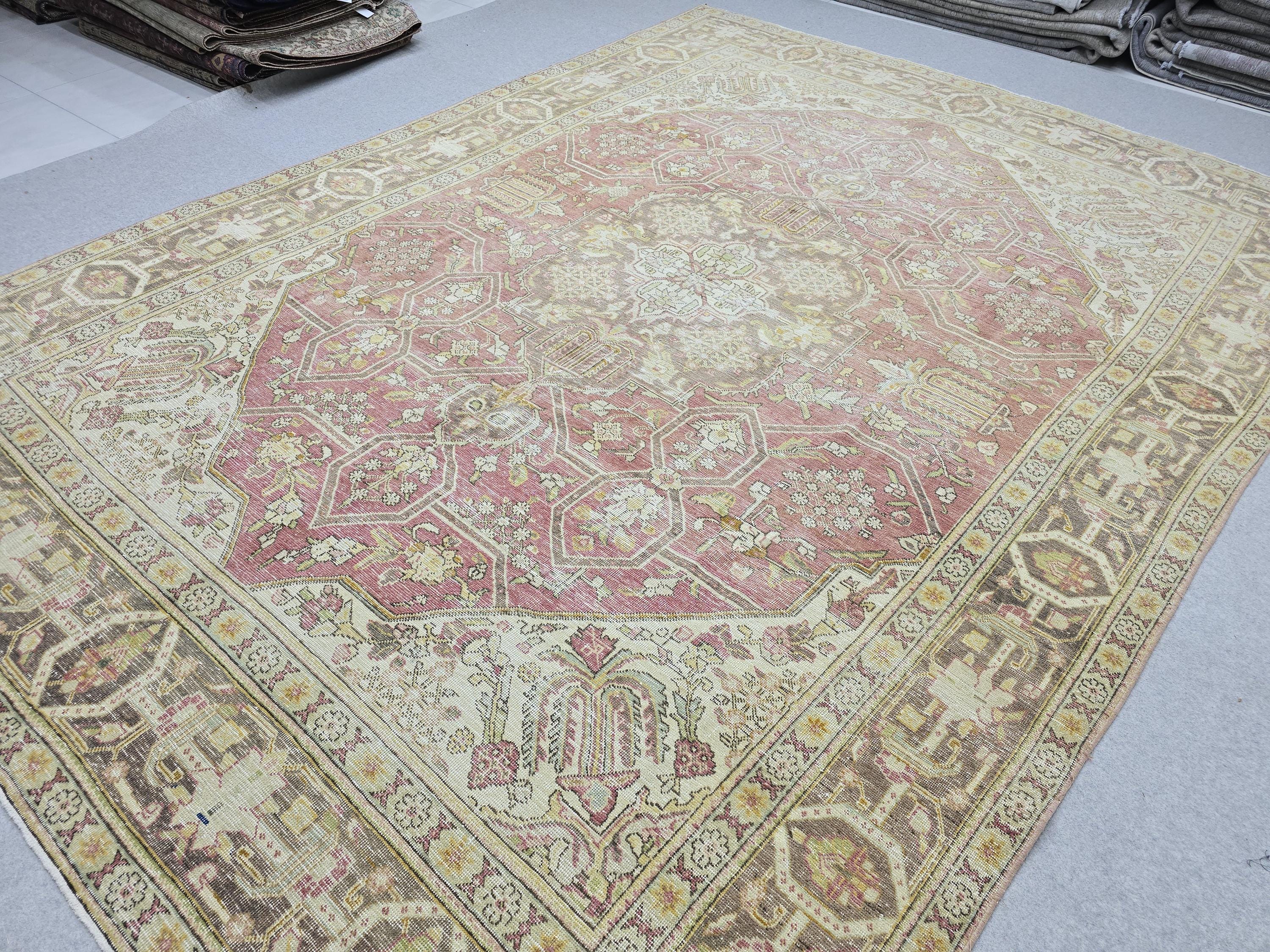 10x13 Vintage Turkish Wool Rug, Rose Pink Geometric Medallion, Distressed Area Carpet