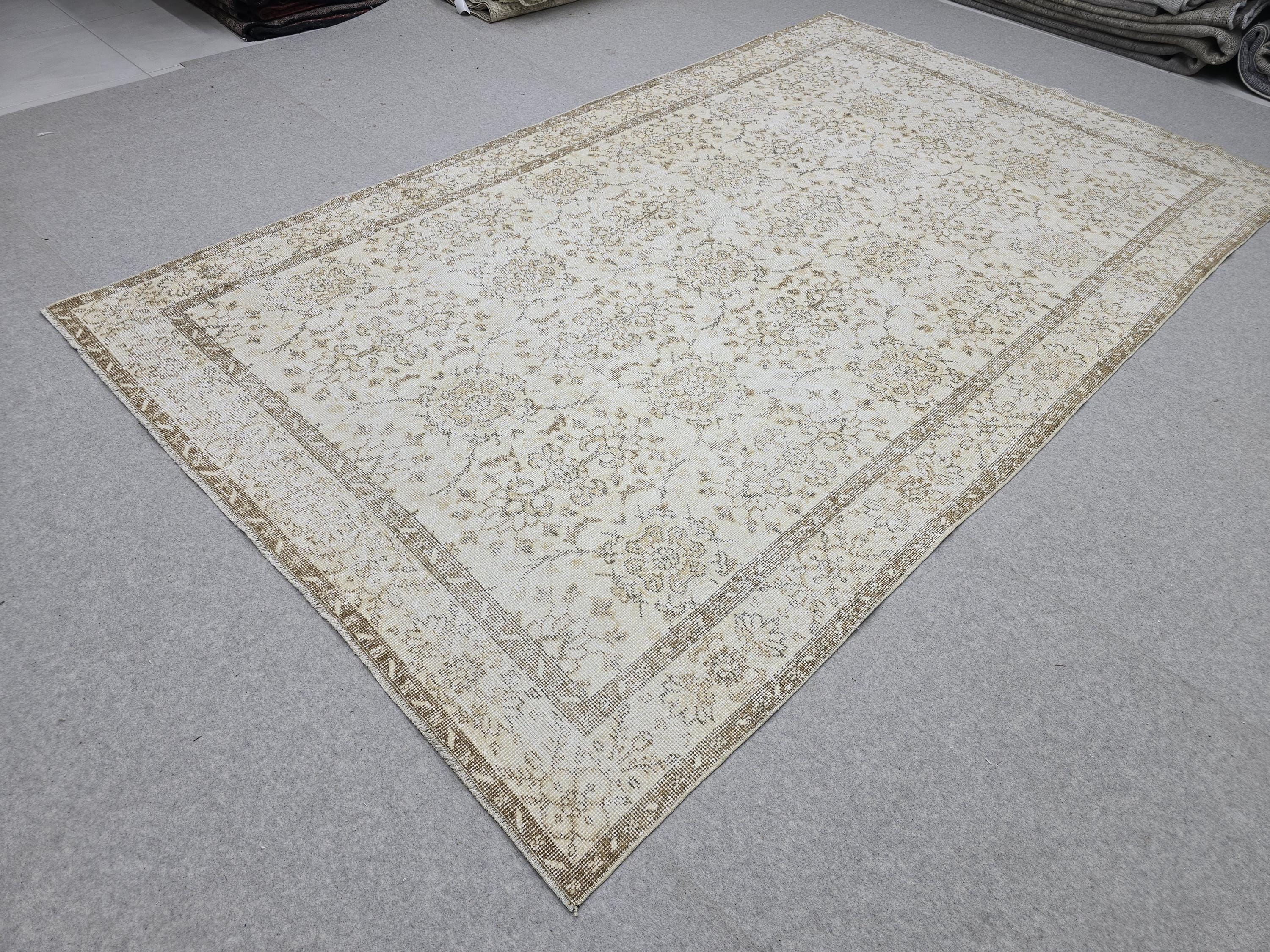 Oushak Rug 6x10 Vintage Turkish Handwoven Beige Cream Neutral Distressed Wool Area Carpet 191x317 cm
