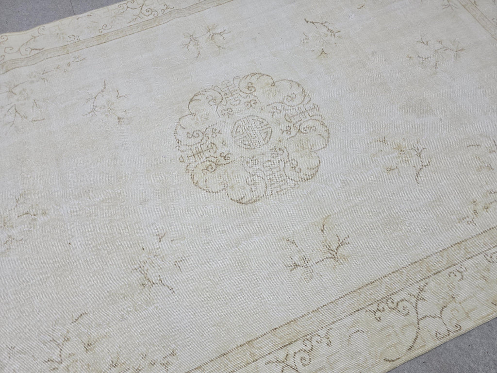 6x10 Handknotted Wool Oushak Medallion Rug, Muted Ivory Beige Area Carpet
