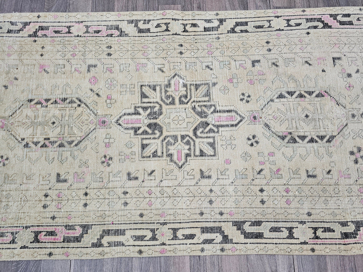 Vintage Turkish Oushak Wool Runner Rug: 3x12 Neutral Hallway Carpet