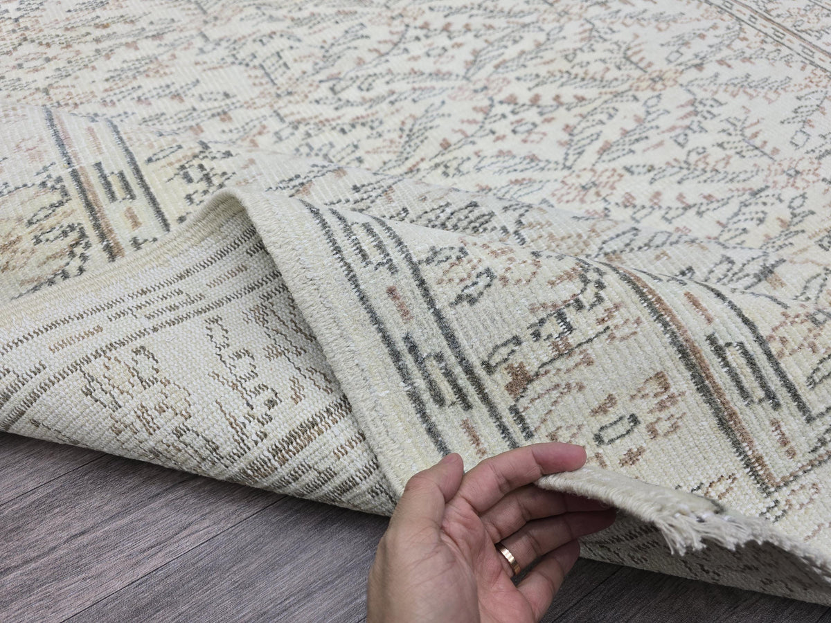 6x9 Vintage Turkish Oushak Rug: Handmade Wool Ivory Beige Carpet
