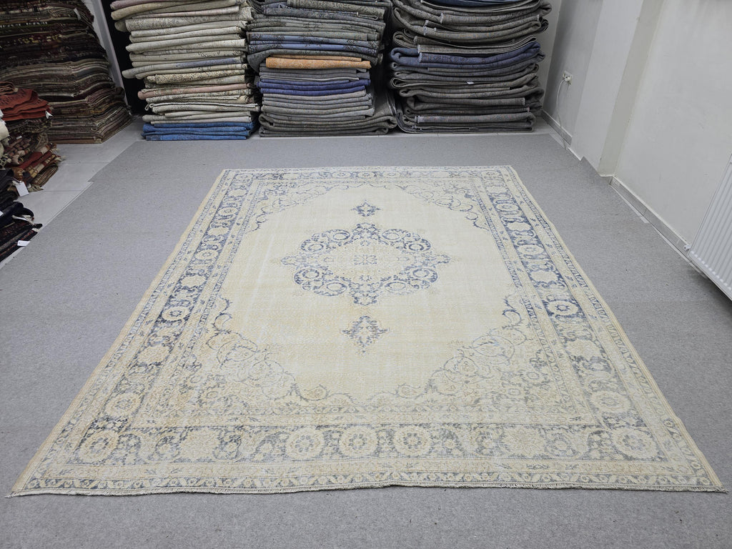 8x10 Faded Oushak Wool Area Rug Handmade Vintage Turkish Beige Blue Oriental Carpet