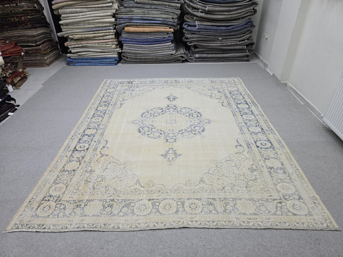 8x10 Faded Oushak Wool Area Rug Handmade Vintage Turkish Beige Blue Oriental Carpet