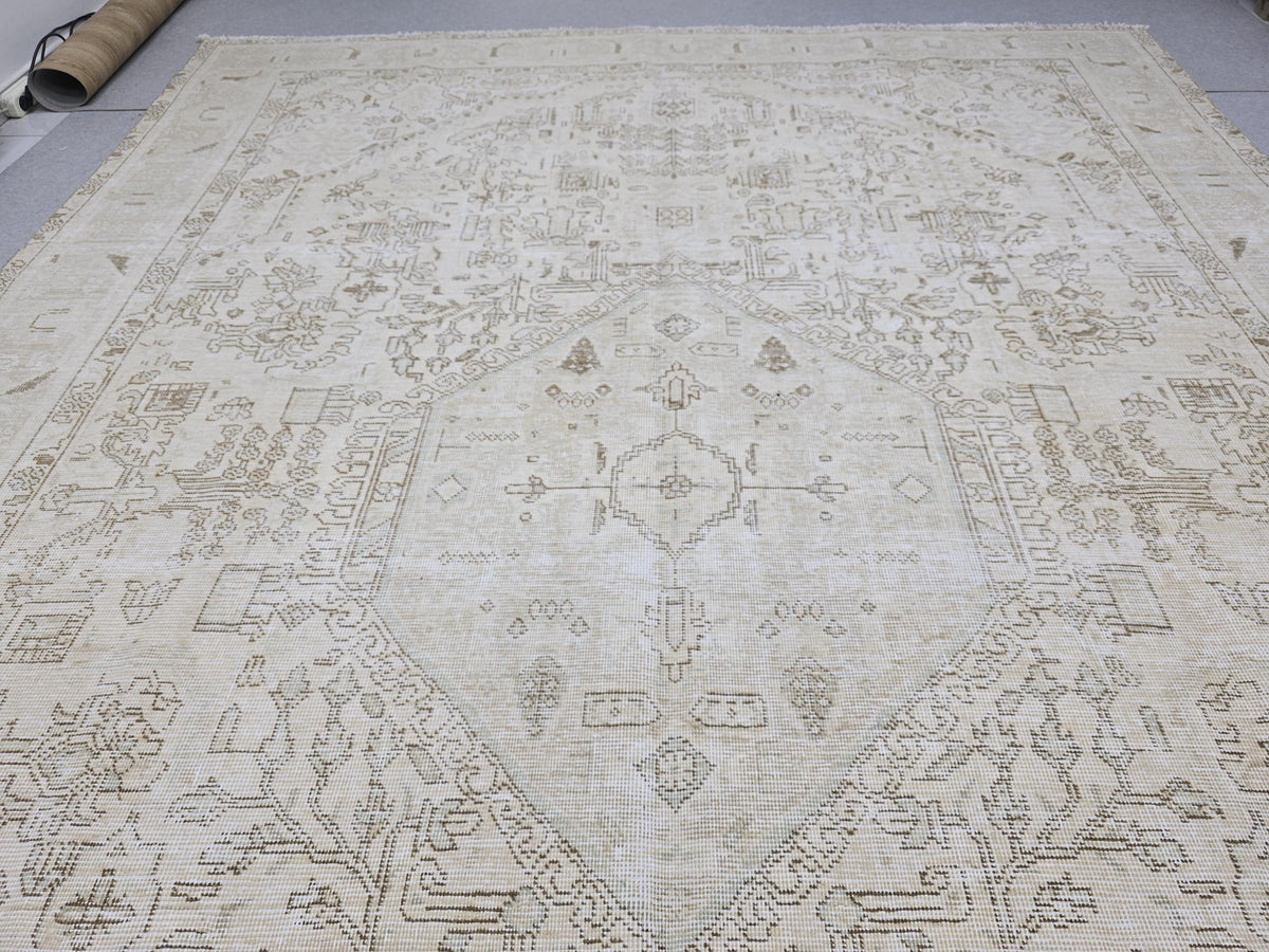 Oushak Rug 9x13, Muted Cream Beige Vintage Turkish Area Rug, Handknotted Wool Medallion Carpet for Living Room