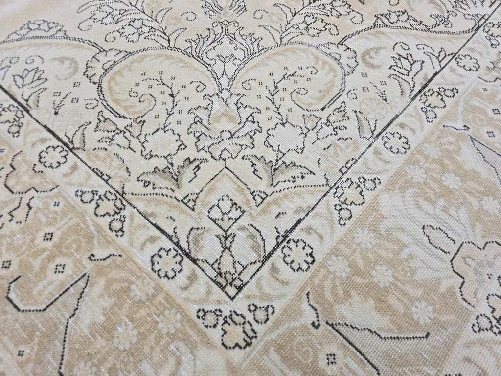 9x12 Oversized Vintage Oushak Rug: Distressed Tan Wool Medallion