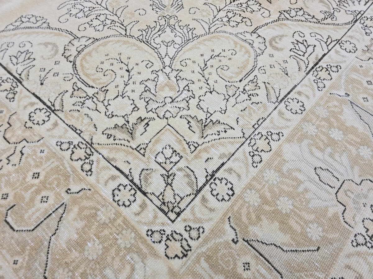 9x12 Oversized Vintage Oushak Rug: Distressed Tan Wool Medallion