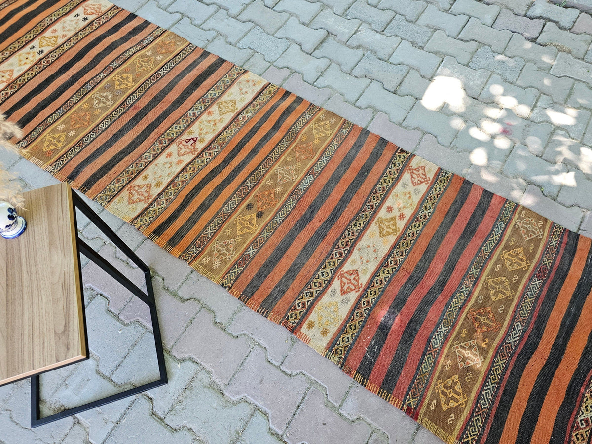 Vintage Turkish Wool Runner Rug: Striped Oushak Hallway Rug (3x13)