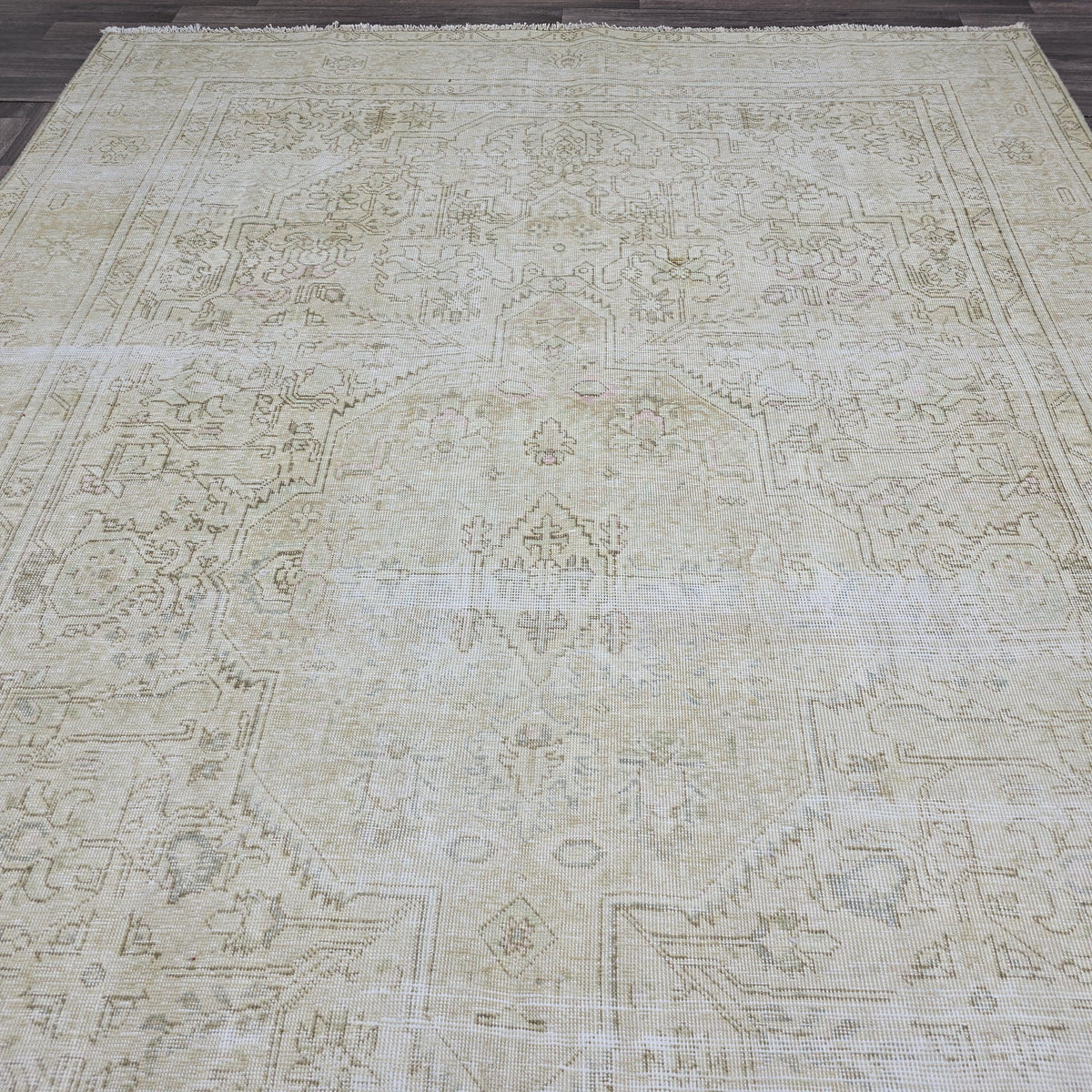 Oushak Rug 8x11: Neutral Vintage Turkish Wool Handmade Carpet, Beige Brown Geometric