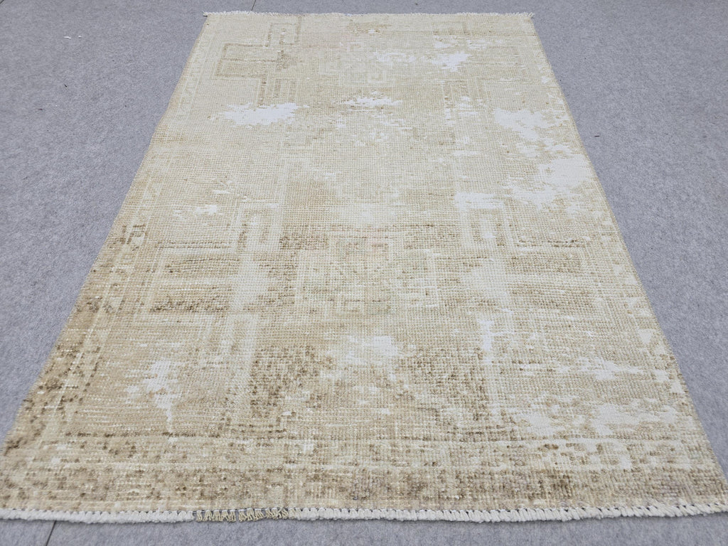 Vintage Rug 3x4, Small Distressed Neutral Rug, Hand Knotted Wool Oushak Accent Rug, Faded Beige Kitchen Mat, Boho Entryway Door Rug