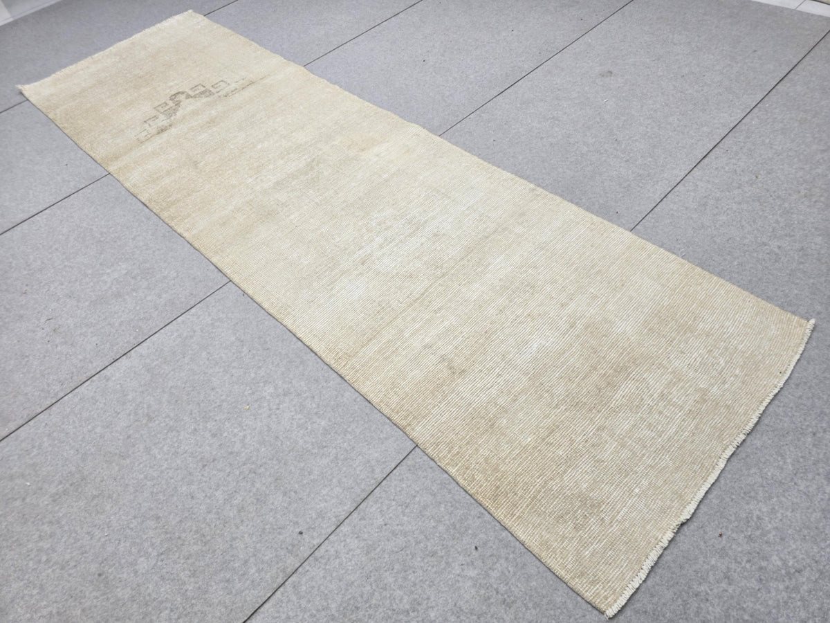 Vintage Runner Rug 3.5x11, Ivory Oushak Hallway Runner, Minimal Plain Wool Corridor Rug, Wide Cream Stair Runner for Bedroom Decor
