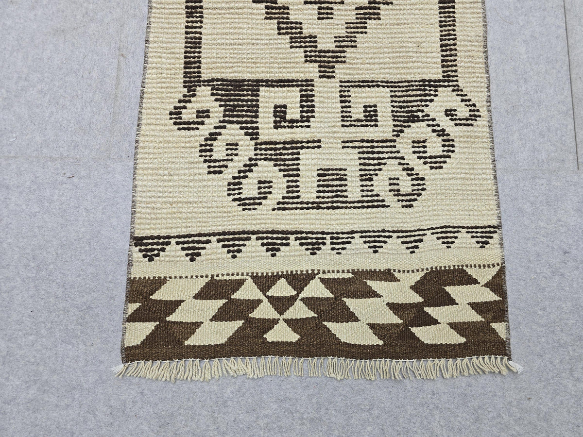 Vintage Rug 2x11 Runner, Hand Woven Herki Wool Hallway Runner, Cream Beige Tribal Anatolian Long Runner, Boho Farmhouse Kitchen Runner