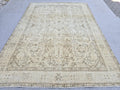 Vintage Rug 8x11 | Faded Oatmeal All Over Floral Area Rug | Hand Knotted Wool Neutral Turkish Carpet | Living Room Bedroom Boho