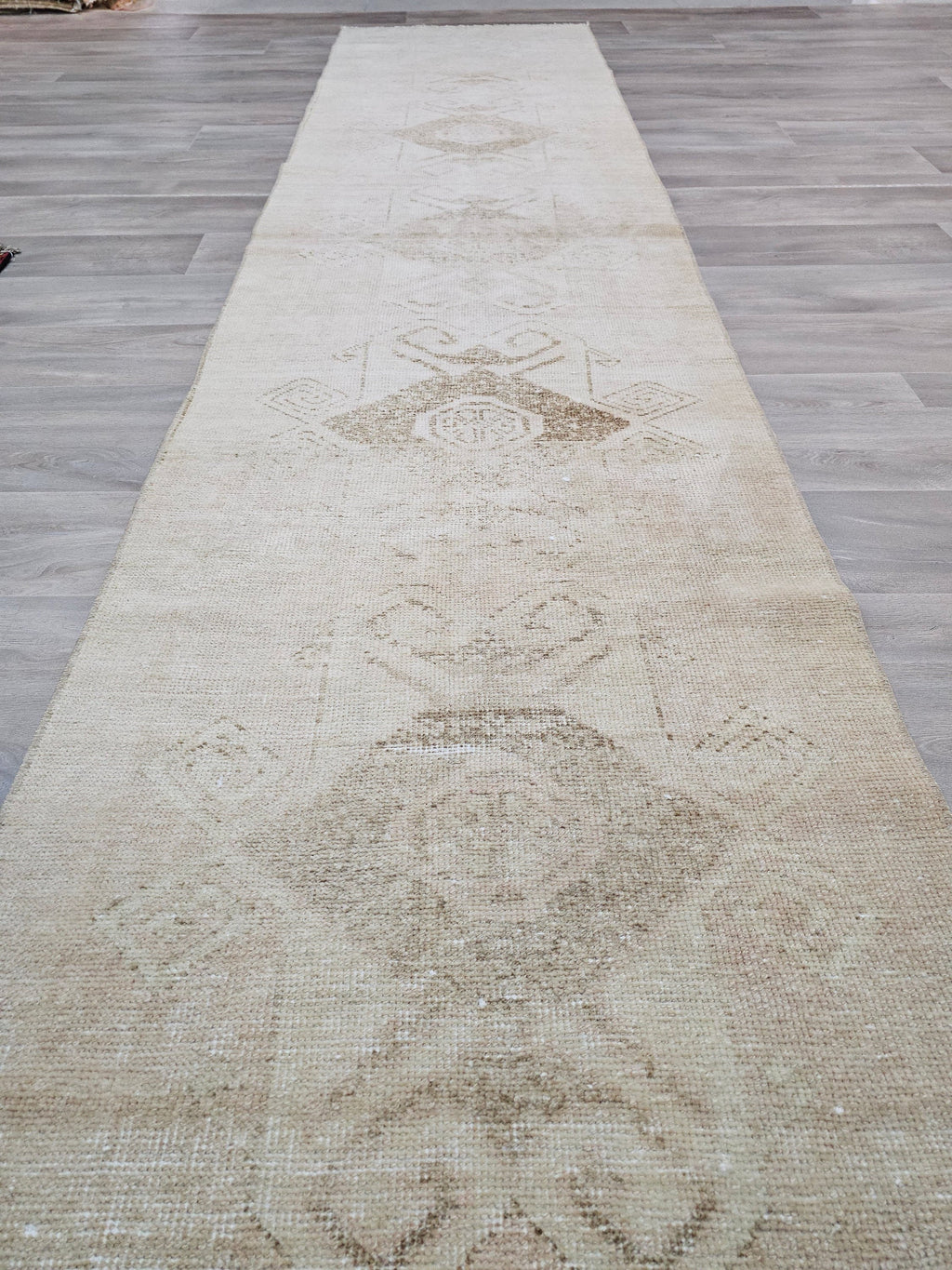 Hand Knotted Turkish Runner Rug 3x12: Vintage Wool Hallway Carpet